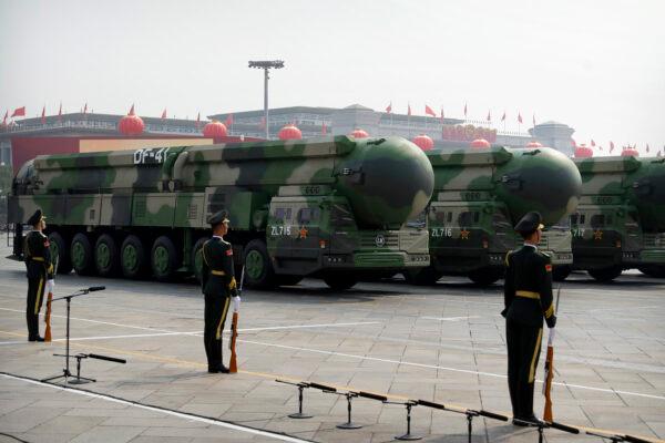 Chinese military vehicles carrying DF-41 ballistic missiles roll during a parade to commemorate the 70th anniversary of the founding of Communist China in Beijing, Oct. 1, 2019. (Mark Schiefelbein/AP Photo)