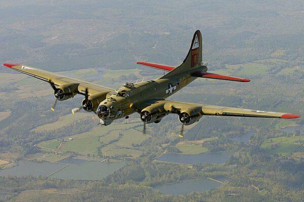 The Nine-O-Nine, a Collings Foundation B-17 Flying Fortress, flies over Thomasville, Ala., during its journey from Decatur, Ala., to Mobile, Ala., on April 2, 2002. (John David Mercer/Press-Register via AP, File)