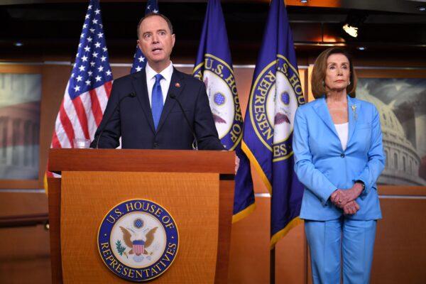 House Speaker Nancy Pelosi and House Intelligence Committee Chair Adam Schiff (D-Calif.) speak during a press conference in the House Studio of the US Capitol in Washington on Sept. 2, 2019. (Mandel Ngan/AFP via Getty Images)