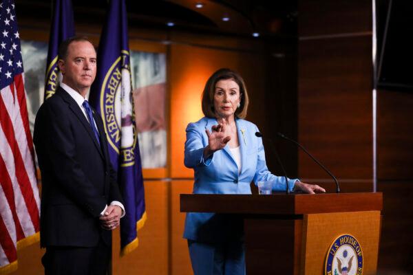 Speaker of the House Nancy Pelosi (D-Calif.) and Rep. Adam Schiff (D-Calif.), House intelligence chairman, hold a press conference about the impeachment inquiry of President Trump, at the Capitol in Washington, D.C., on Oct. 2, 2019. (Charlotte Cuthbertson/The Epoch Times)