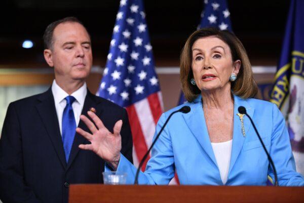House Speaker Nancy Pelosi and House Intelligence Committee Chair Adam Schiff (D-Calif.) speak during a press conference in the House Studio of the US Capitol in Washington on Sept. 2, 2019. (Mandel Ngan/AFP via Getty Images)