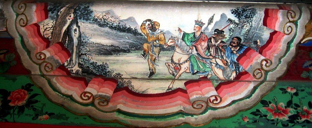 The four protagonists of “Journey to the West”: (L–R) Sun Wukong, Tang Sanzang (on the White Dragon Horse), Zhu Bajie, and Sha Wujing. The painting decorates the Long Corridor in the Summer Palace in Beijing. (CC BY-SA 3.0)