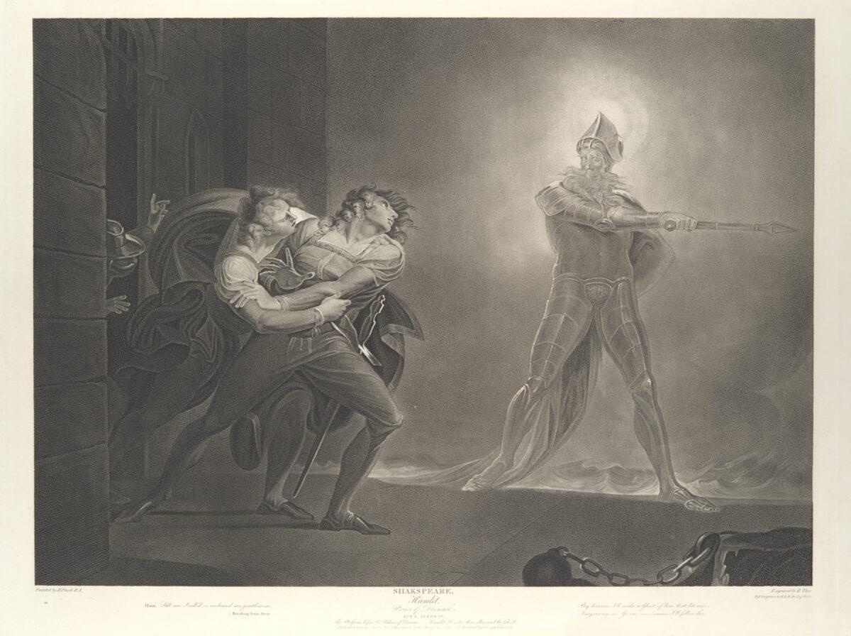 Both stories begin with the visitation of the ghost of the dead king. An engaving of Hamlet, Horatio, Marcellus, and the Ghost, from “Hamlet,” Act 1, Scene 4, by Robert Thew after Henry Fuseli. The Metropolitan Museum of Art. (Public Domain)