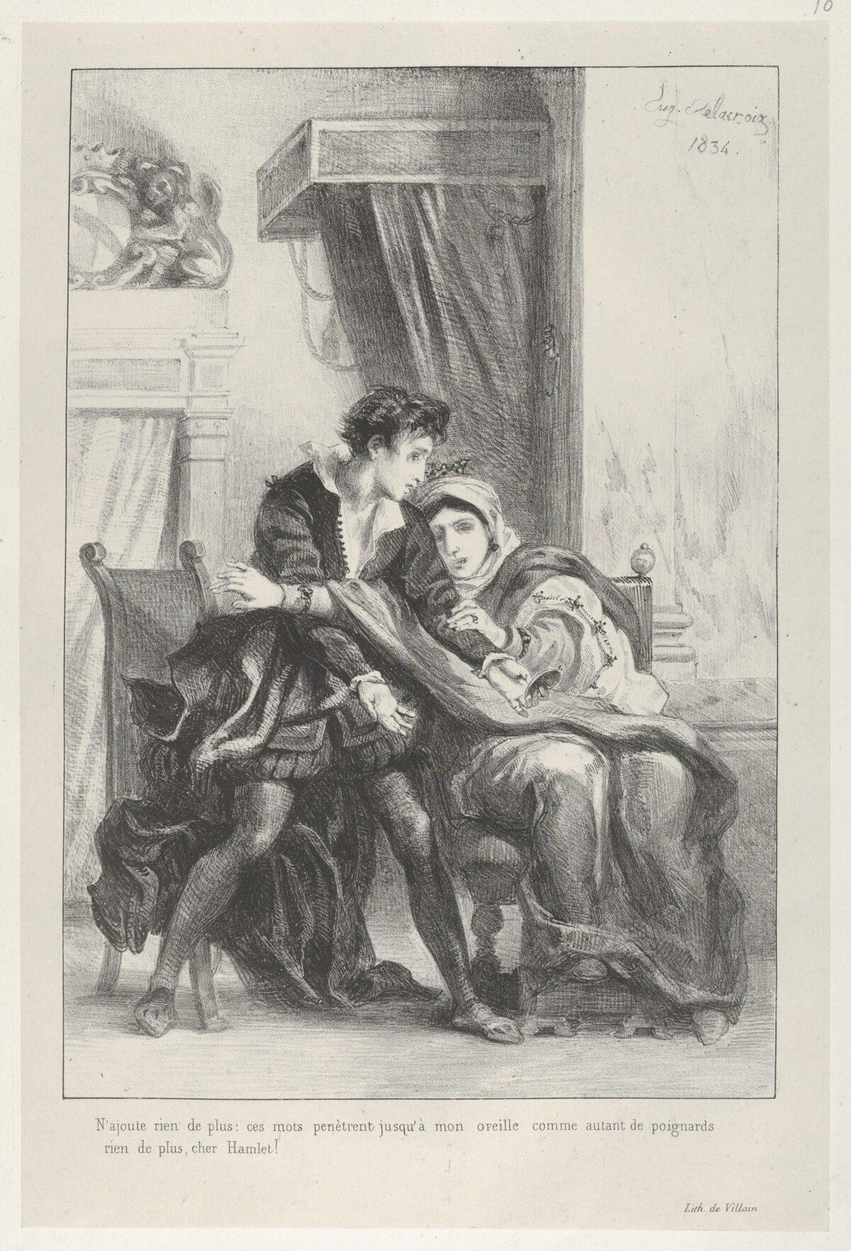 Both stories have very similar scenes in which the prince confronts his mother, the queen. A lithograph of Hamlet and the Queen, 1834, by Eugène Delacroix. The Metropolitan Museum of Art. (Public Domain)