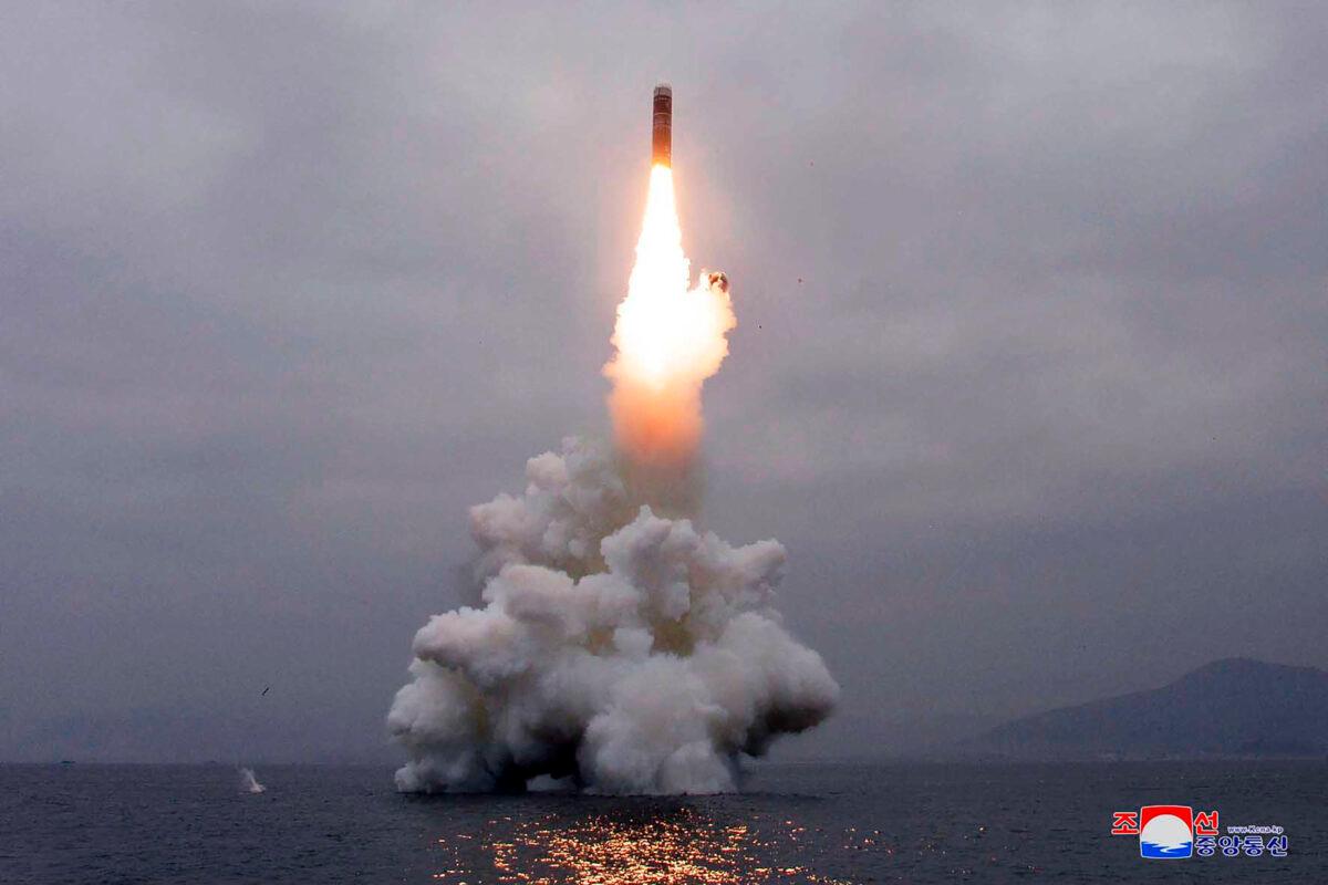 What appears to be a submarine-launched ballistic missile (SLBM) flies in an undisclosed location in this undated picture released by North Korea's Central News Agency (KCNA) on Oct. 2, 2019. (KCNA via Reuters)
