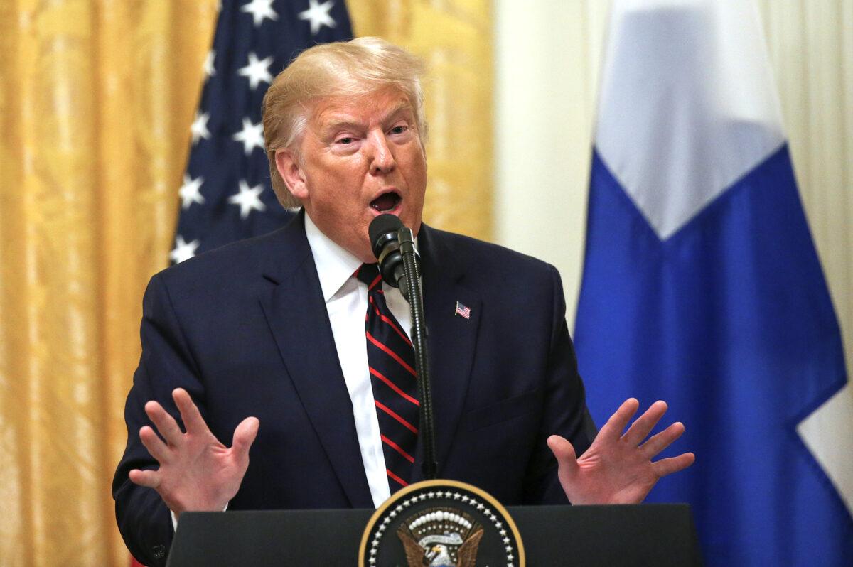 President Donald Trump addresses a joint news conference with Finland's President Sauli Niinistö in the East Room of the White House in Washington on Oct. 2, 2019. (Leah Millis/Reuters)