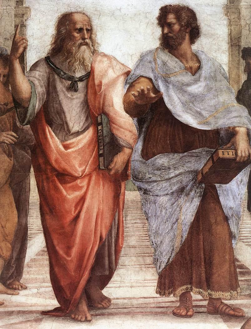 Plato (left) and Aristotle in Raphael's 1509 fresco, The School of Athens. (Wikimedia Commons | <a href="https://commons.wikimedia.org/wiki/File:Sanzio_01_Plato_Aristotle.jpg">Raphael</a>)