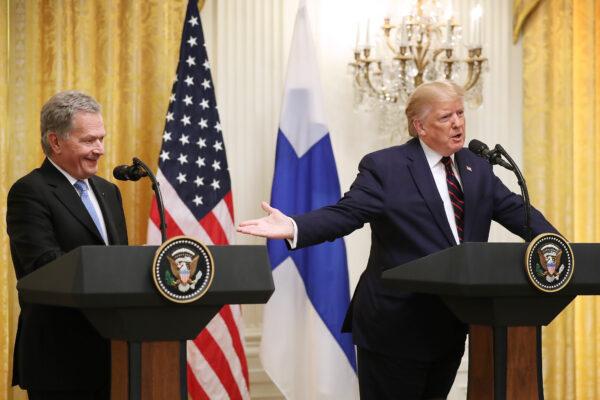President Donald Trump (R) and Finnish President Sauli Niinistö hold a joint news conference in the East Room of the White House in Washington on Oct. 02, 2019. (Chip Somodevilla/Getty Images)