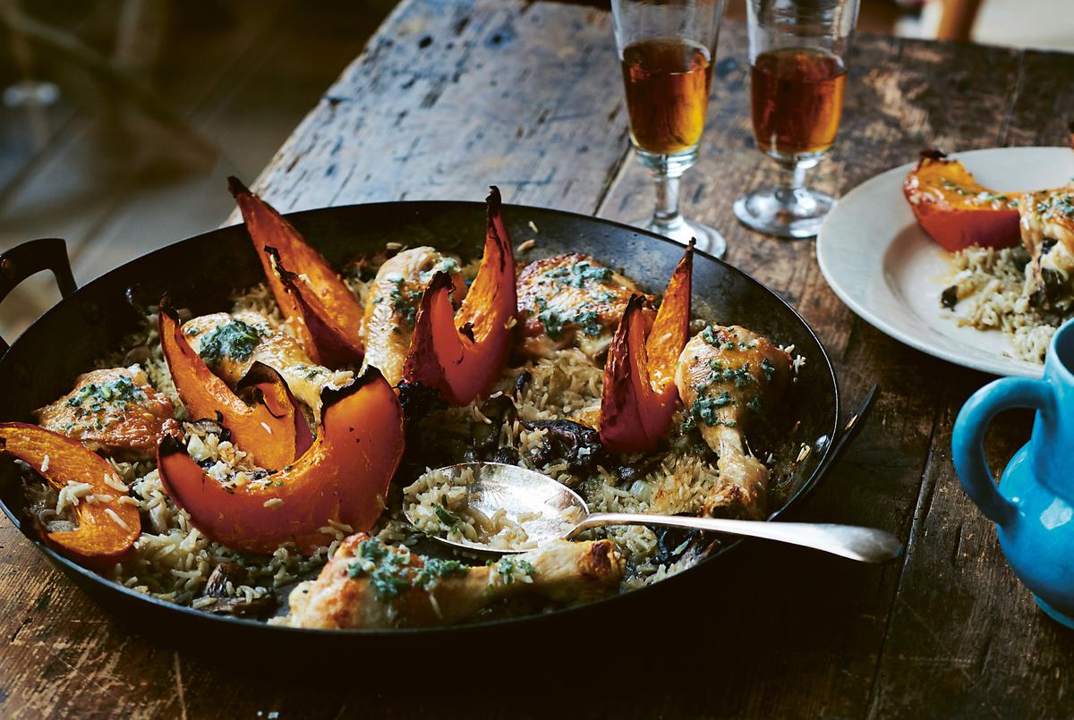 Chicken With Wild Mushrooms, Pumpkin, Rice, and Sage Butter