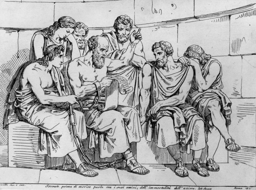 An engraving based upon a painting by Pinelli of Socrates teaching his doctrine to the young Athenians while awaiting his execution, circa 410 B.C. (Getty Images)