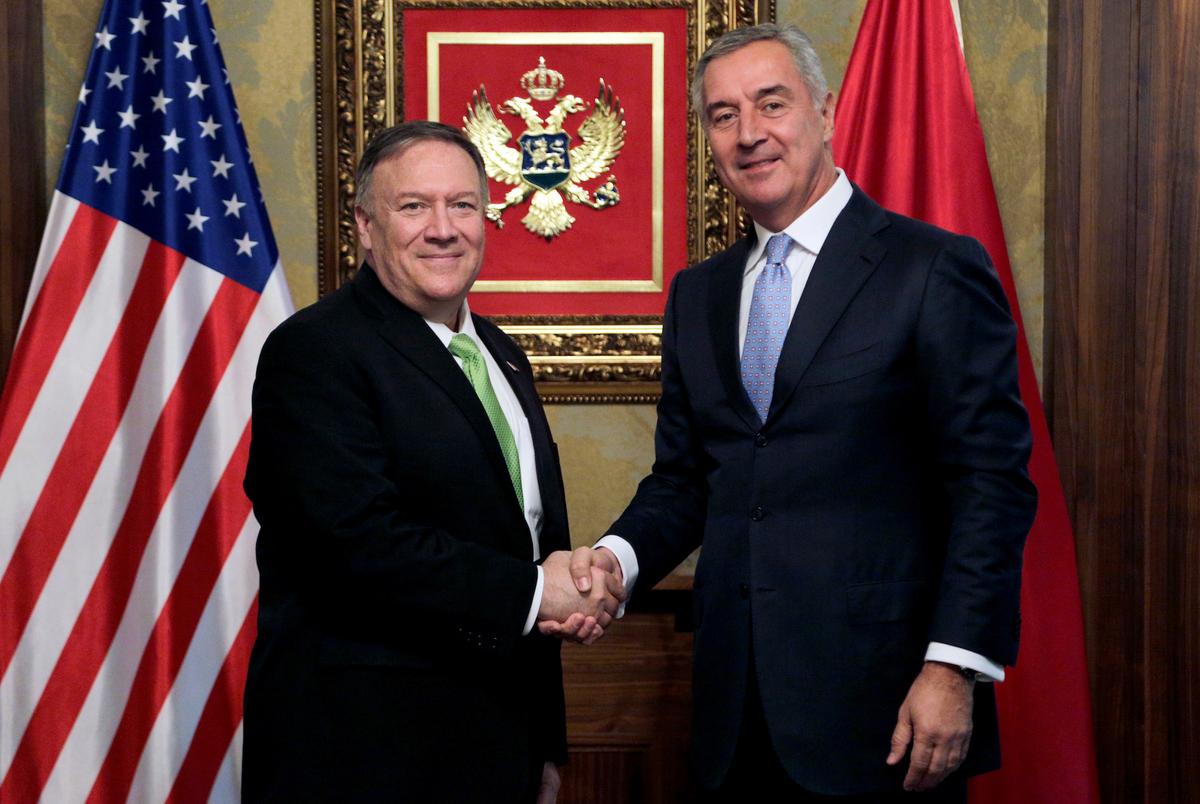 U.S. Secretary of State Mike Pompeo shakes hands with Montenegro's President Milo Djukanovic during a meeting in Podgorica, Montenegro on Oct. 4, 2019. (Stevo Vasiljevic/Reuters)