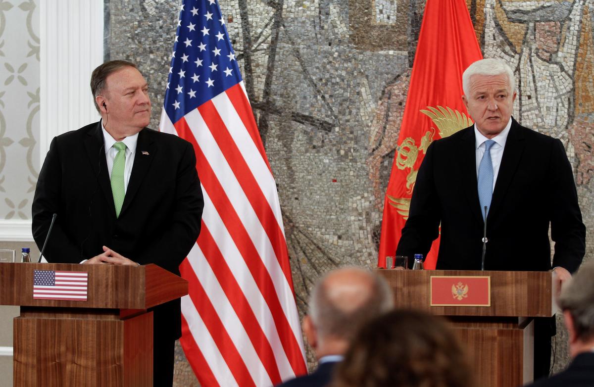 U.S. Secretary of State Mike Pompeo and Montenegro's Prime Minister Dusko Markovic hold a news conference after a meeting in Podgorica, Montenegro on Oct. 4, 2019. (Stevo Vasiljevic/Reuters)