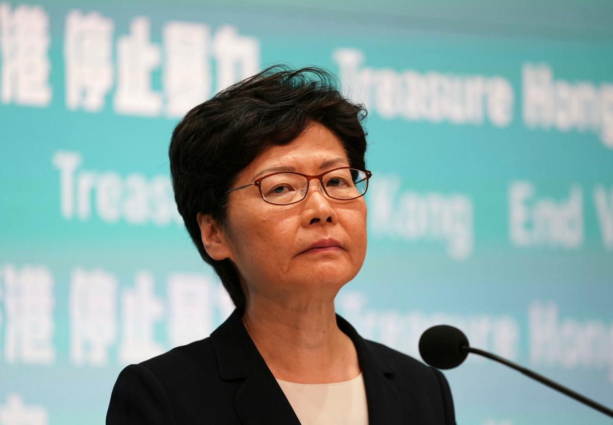 Hong Kong Chief Executive Carrie Lam speaks during a press conference in Hong Kong on Oct. 4, 2019. Lam has banned protesters from wearing masks to conceal their identities in a hardening of the government's stance against the 4-month-old demonstrations. (Vincent Thian/AP)