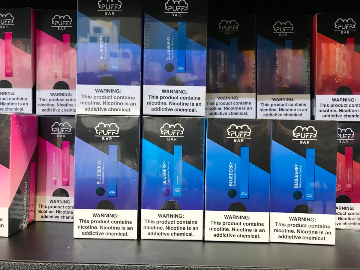 Flavored vaping products containing nicotine are seen in a store in Los Angeles, Calif. on Sept. 17, 2019. (Robyn Beck/AFP/Getty Images)