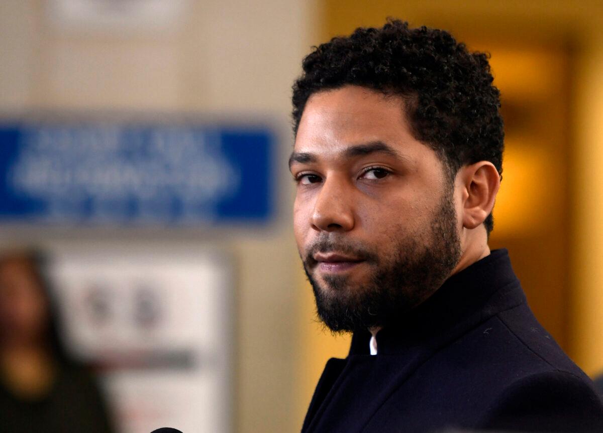Actor Jussie Smollett talks to the media before leaving Cook County Court after his charges were dropped, in Chicago on March 26, 2019. (Paul Beaty/AP/File)