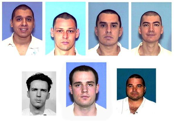 The "Texas Seven" (top L-R) Joseph Garcia, Donald Newbury, George Rivas, Larry Harper, (bottom L-R) Patrick Murphy, Jr., Randy Halprin and Michael Rodriguez had been serving sentences ranging from 30 years to life and allegedly escaped by posing as prison workers. The men are also wanted in connection with a Christmas Eve robbery of a Dallas-area sporting goods store in which a policeman was shot and killed. (Texas Department of Criminal Justice)