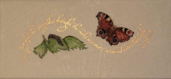 "Caterpillar and Butterfly," 2011, by Patricia Lovett. Gouache and real powder gold, painted and written with a quill on vellum. (Patricia Lovett)