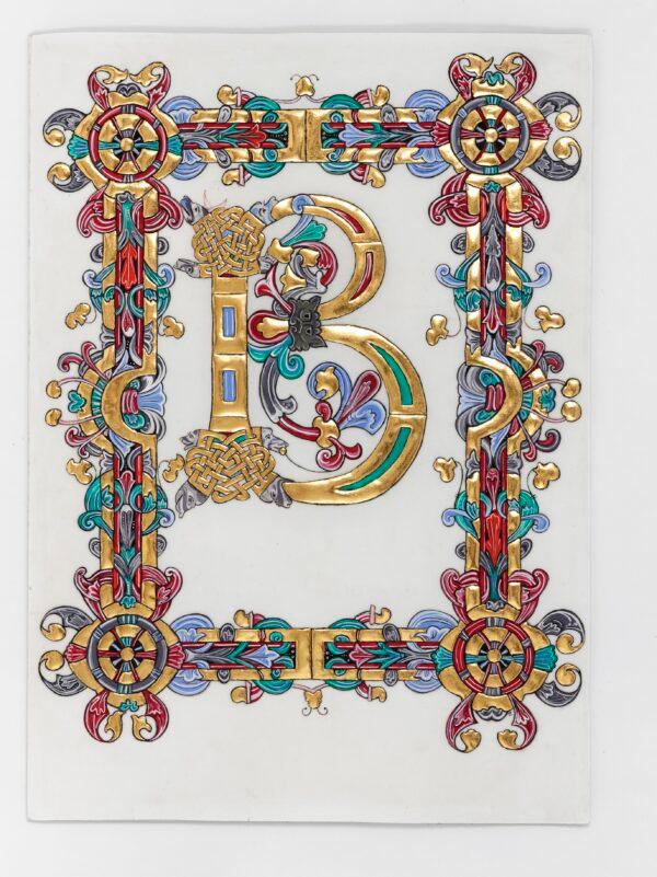 The letter "B" from ‘"Beatus," Latin for blessed, copied from the Eadui Psalter, 2018, by Patricia Lovett. Leaf gold on gesso base, gouache on vellum. (The British Library)