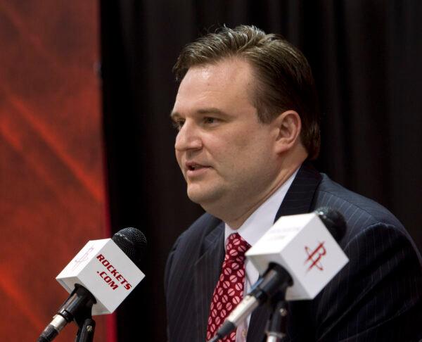Daryl Morey, general manager of the Houston Rockets speaks during a press conference announcing the signing of Jeremy Lin at Toyota Center in Houston, Texas, on July 19, 2012. (Bob Levey/Getty Images)