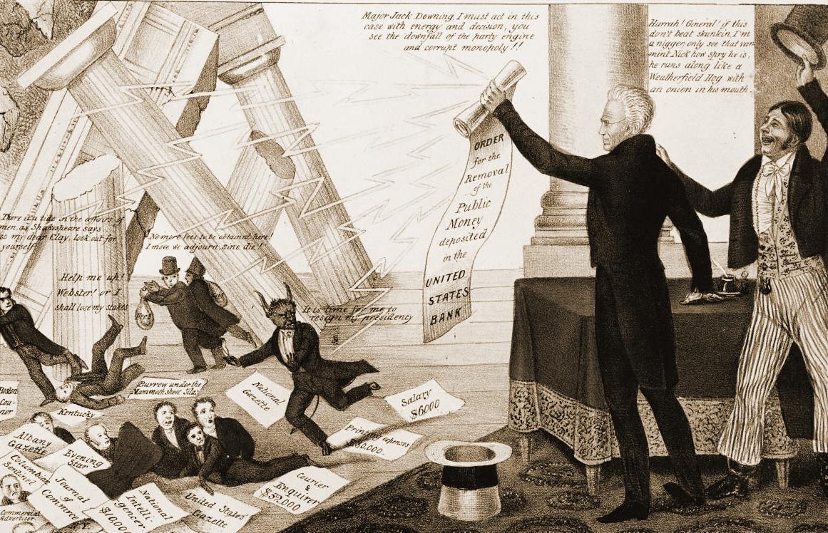 Edward Williams Clay, 1832, A lithograph praises Jackson for terminating the Second Bank of the United States. It depicts Nicholas Biddle as the Devil running away from Jackson as the bank collapses around him, his hirelings, and speculators. (©Wikimedia Commons | <a href="https://commons.wikimedia.org/wiki/File:1832bank1.jpg">Edward Williams Clay</a>)