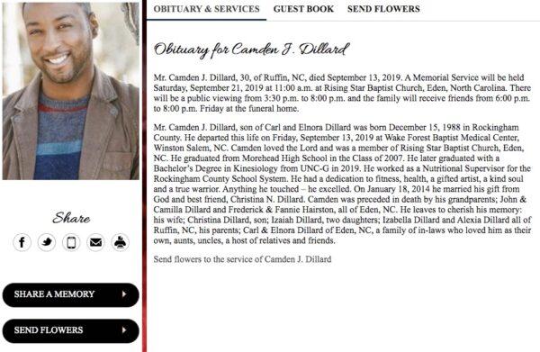 Obituary of Camden Dillard, who passed away on Sept. 13, 2019. (Screengrab via Perry-Spencer Funeral Home)