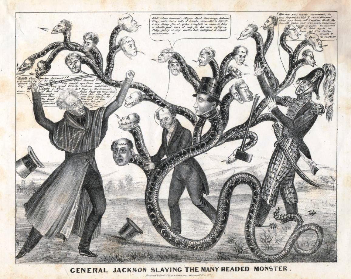 "Jackson Slaying the Many-Headed Monster," 1828 (©<a href="https://commons.wikimedia.org/wiki/File:General_Jackson_Slaying_the_Many_Headed_Monster_crop.jpg">Wikimedia Commons</a>)