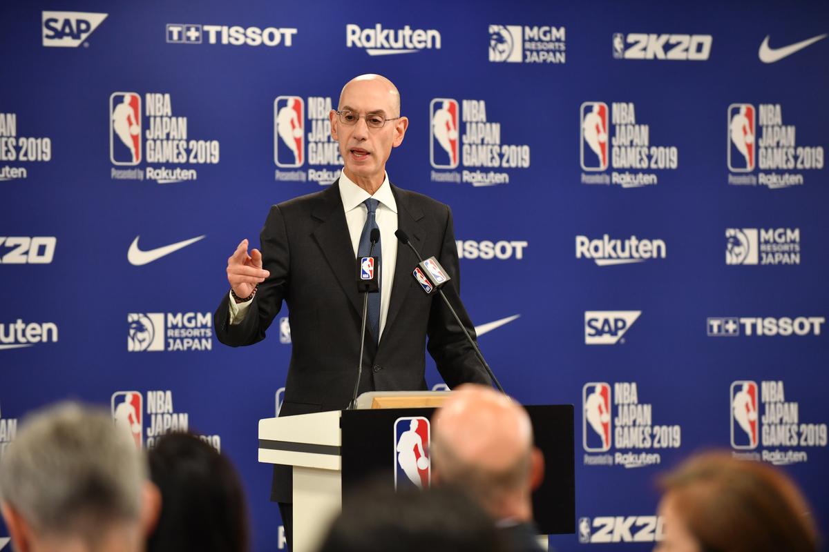 NBA Commissioer Adam Silver speaks during a press conference prior to the NBA Japan Games 2019 between the Toronto Raptors and Houston Rockets in Saitama on Oct. 8, 2019. The NBA will not regulate the speech of players, employees and owners, Silver said after a pro-Hong Kong tweet from a Houston Rockets executive sparked a backlash in China. (Kazuhiro Nogi/AFP via Getty Images