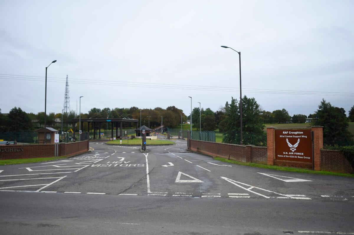 RAF Croughton, close to where Harry Dunn, 19, was killed in a collision with a car on Aug. 27, near Brackley, England, on Oct. 7, 2019. (Peter Summers/Getty Images)
