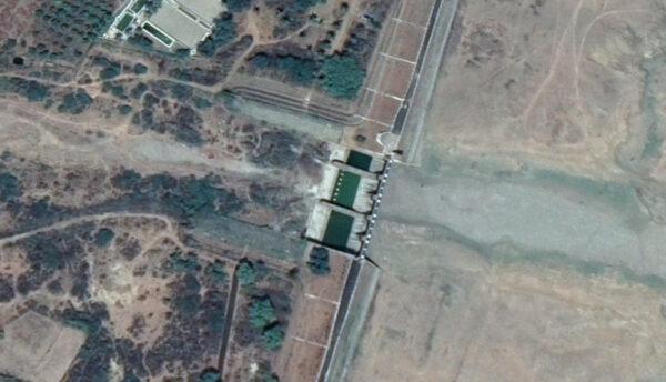 An aerial view of the dried up Pambar dam in India. (Screenshot/Google Maps)