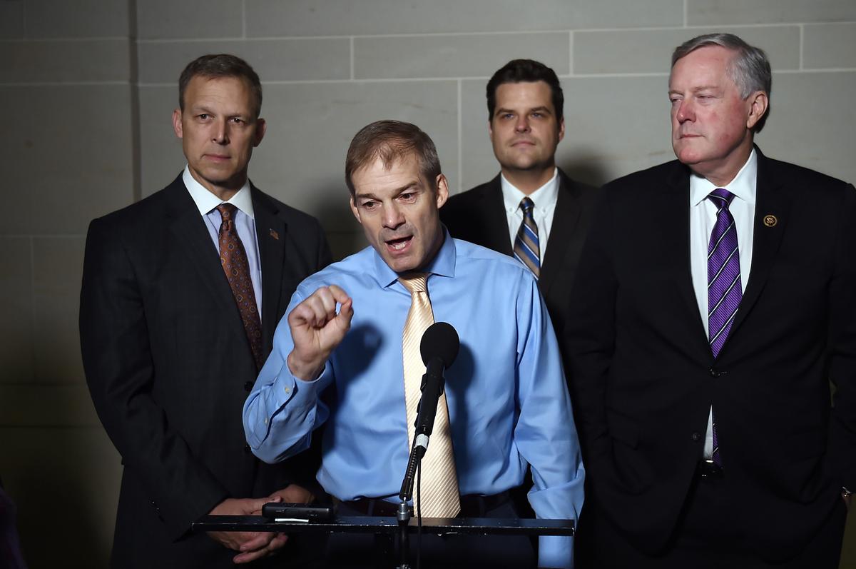 (L-R) Republican lawmakers Rep. Scott Perry, (R-Penn..), Rep. Jim Jordan (R-Ohio), Rep. Matt Gaetz, (R-Fla.), and Rep. Mark Meadows, (R-N.C.), speak to reporters after a closed door meeting with Ambassador Gordon Sondland was cancelled on Capitol Hill in Washington on Oct. 8, 2019. (Olivier Douliery/AFP via Getty Images)