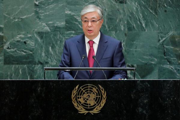 Kazakh President Kassym-Jomart Tokayev addresses the 74th session of the United Nations General Assembly at UN headquarters in New York City, on Sept. 24, 2019. (Eduardo Munoz/Reuters)