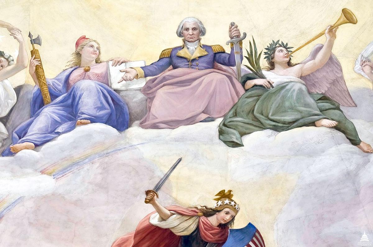 Apotheosis of Washington (<a href="https://commons.wikimedia.org/wiki/File:Apotheosis_of_Washington_-_Close_up_of_George_Washington_(6881712763).jpg">USCapitol</a>/Wikimedia Commons)