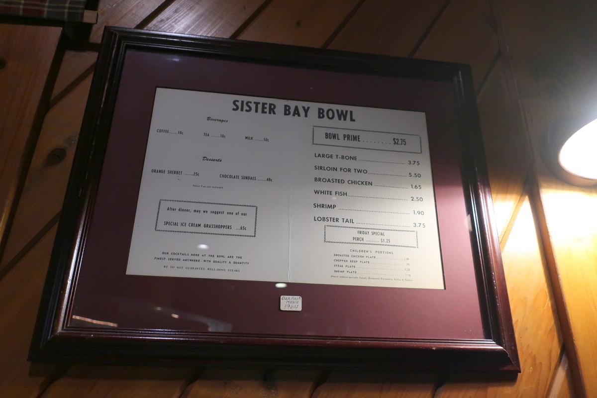An old menu on the wall at Sister Bay Bowl in Sister Bay, Wis. (Kevin Revolinski)