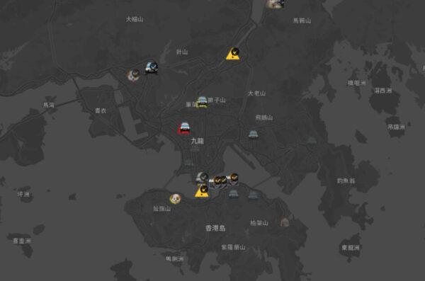 A screenshot of the HKmap.live web version on Oct. 9. 2019. The app uses various emojis to visualize ongoing protests. For example, the dog emoji represents the police, while a bright yellow exclamation sign indicates danger. (Screenshot)