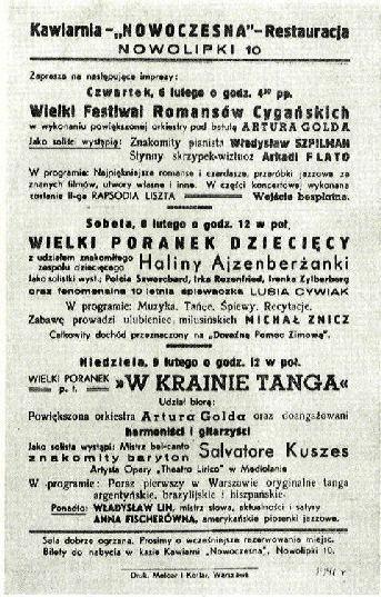 Poster advertising events in the Café Nowoczesna in the Warsaw ghetto, 1941; one of the entertainers is Władysław Szpilman (<a href="https://commons.wikimedia.org/wiki/File:Caf%C3%A9_Nowoczesna_poster,_Warsaw_ghetto,_1941.jpeg">Wikimedia Commons</a>)