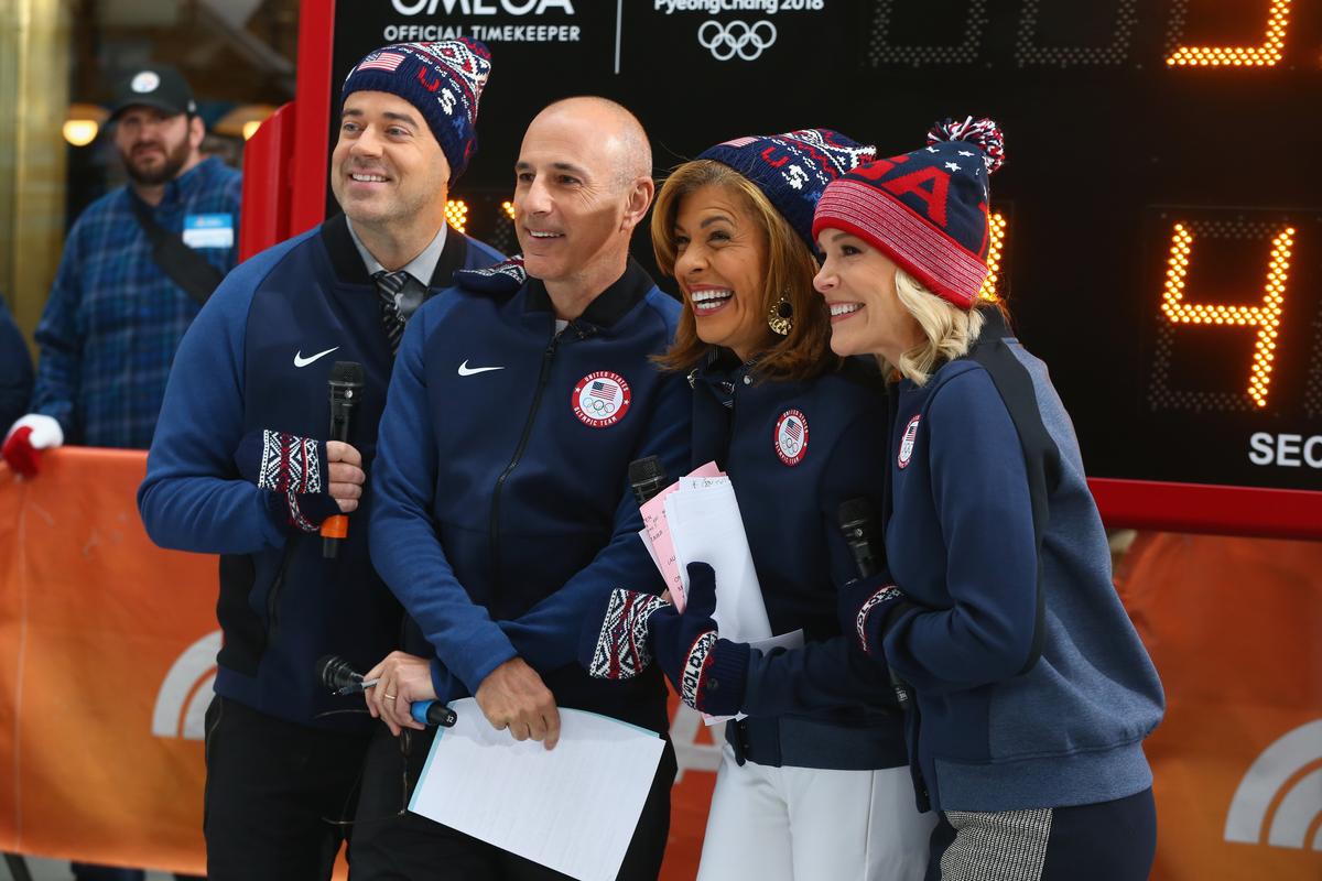 (L-R) Carson Daly, Matt Lauer, Hoda Kotb, and Megyn Kelly of NBC's Today Show pose for a photo during the 100 Days Out 2018 PyeongChang Winter Olympics Celebration - Team USA in Times Square in New York City on Nov. 1, 2017. (Photo by Mike Stobe/Getty Images for USOC)