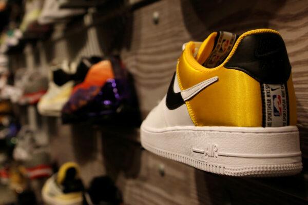 A pair of Nike's Air Force shoes with a NBA logo are seen display at a Nike store in Beijing on Oct. 10, 2019. (Tingshu Wang/Reuters)