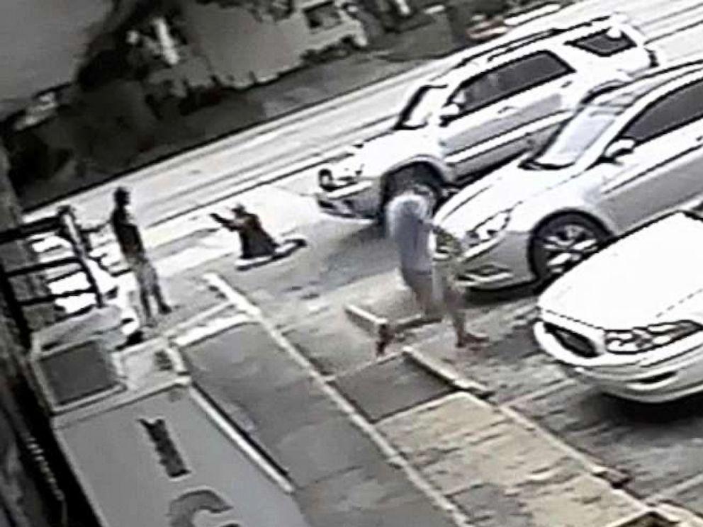 In this Thursday, July 19, 2018 image taken from surveillance video released by the Pinellas County Sheriff's Office, Markeis McGlockton, far left, is shot by Michael Drejka during an altercation in a parking lot in Clearwater, Fla. (Pinellas County Sheriffs Office)