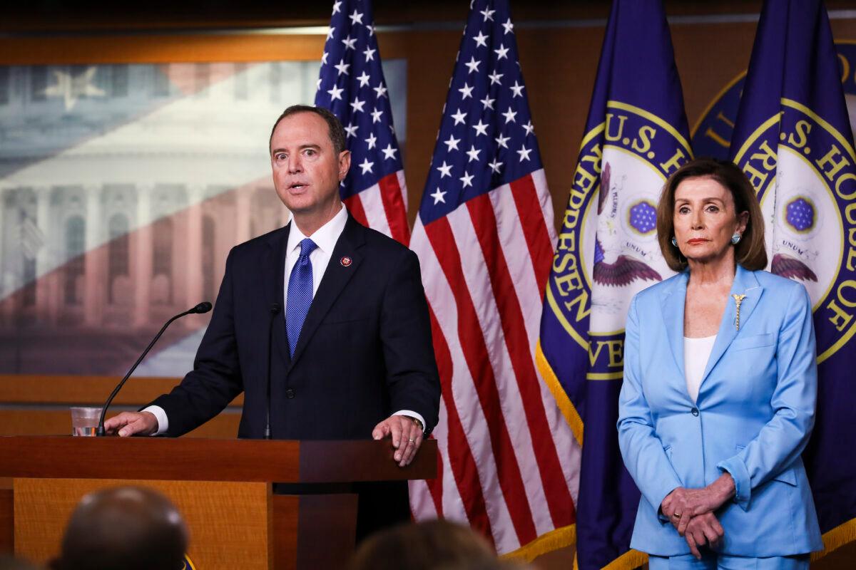 Speaker of the House Nancy Pelosi (D-Calif.), left, and Rep. Adam Schiff (D-Calif.), House intelligence chairman, hold a press conference about the impeachment inquiry of President Trump, at the Capitol in Washington on Oct. 2, 2019. (Charlotte Cuthbertson/The Epoch Times)