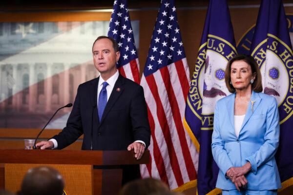 Speaker of the House Nancy Pelosi (D-Calif.) and Rep. Adam Schiff (D-Calif.), House intelligence chairman, hold a press conference about the impeachment inquiry of President Trump, at the Capitol in Washington on Oct. 2, 2019. (Charlotte Cuthbertson/The Epoch Times)