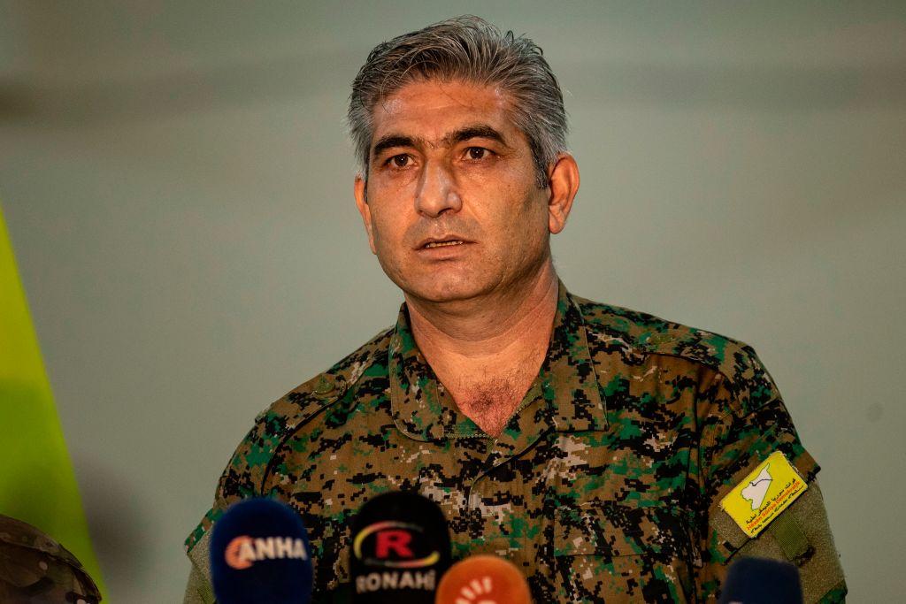 Redor Khalil, a Kurdish official in the Syrian Democratic Forces (SDF), speaks during a press conference in the northeastern multi-ethnic city of Hassakeh on Oct. 12, 2019. (Delil Souleiman/AFP via Getty Images)