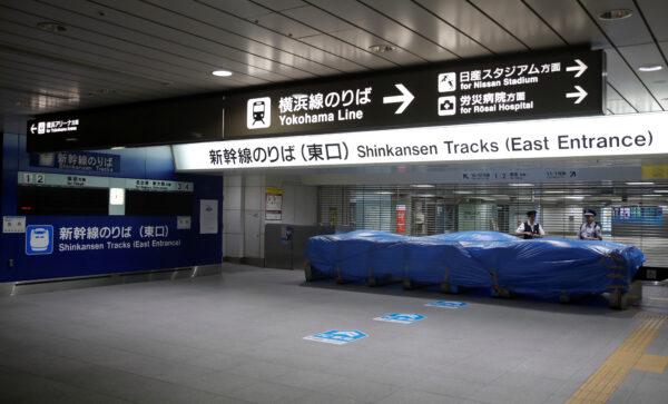 A view of closed ticket gantries for the Shinkansen bullet train service, which is suspended temporarily due to Typhoon Hagibis, at Shin Yokohama Station, Japan on Oct. 12, 2019. (Matthew Childs/Reuters)