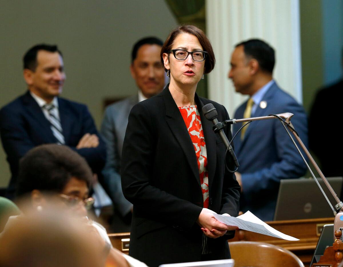 Assemblywoman Laura Friedman, D-Glendale, urges lawmaker to approve her measure to ban the manufacture and sale of new fur products, in Sacramento, Calif., on May 28. 2019. (Rich Pedroncelli/AP Photo)