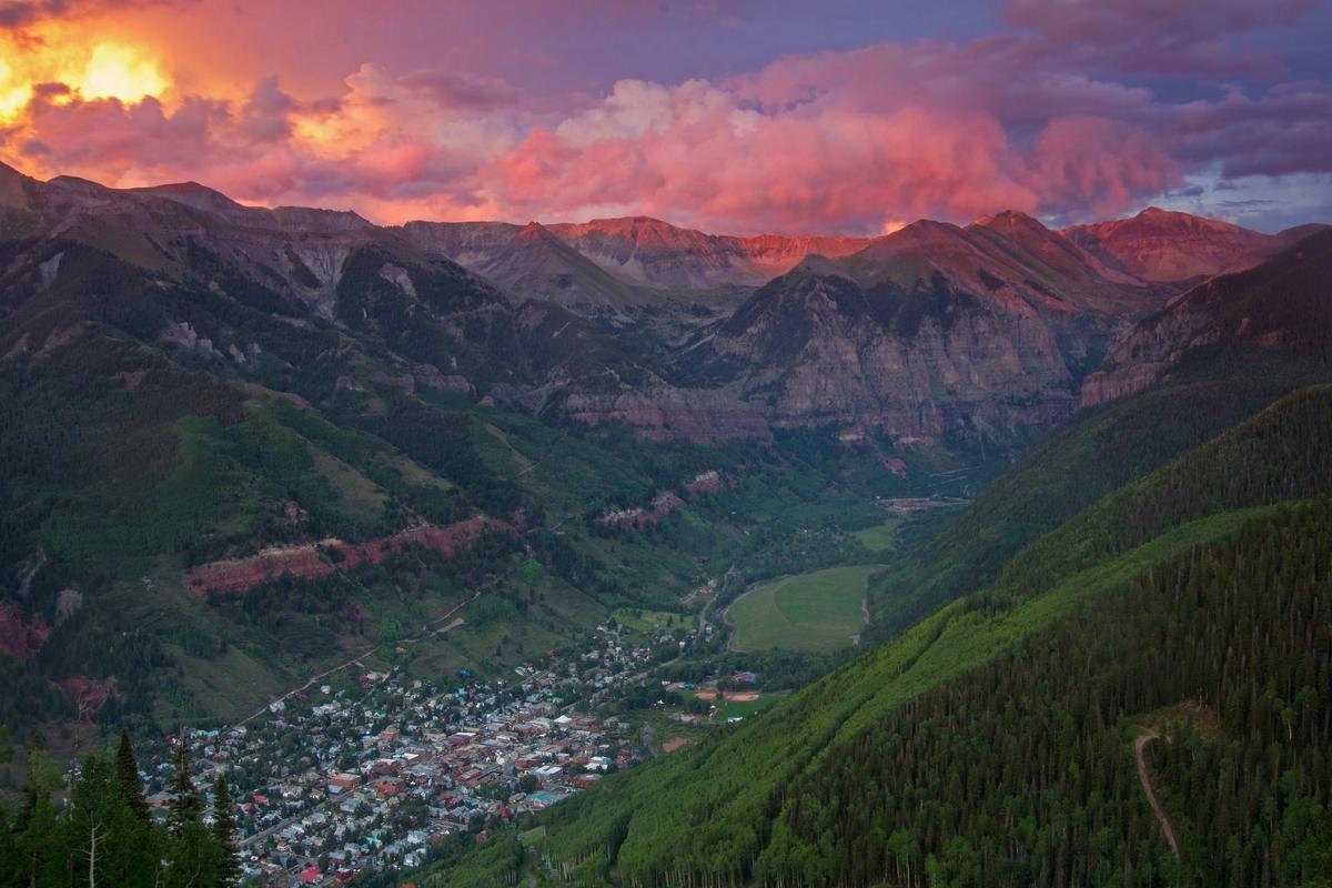 The sunset over Telluride. The mountain town is located in a box canyon. (Courtesy of Visit Telluride/Ryan Bonneau)