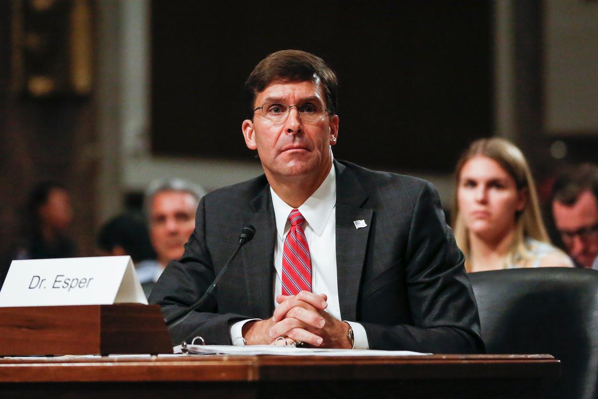 Secretary of Defense Mark Esper testifies at a confirmation hearing in front of the Senate Armed Services Committee in Washington on July 15, 2019. (Charlotte Cuthbertson/The Epoch Times)