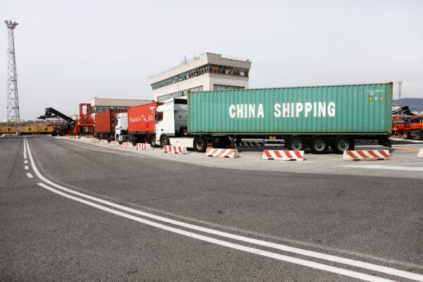 A truck with a container at Trieste's new port on April 2, 2019 in Trieste, Italy. The port will be developed by Chinese contractors after Italy became the first G7 nation to sign up to a project in the name of the OBOR initiative. (Marco Di Lauro/Getty Images)
