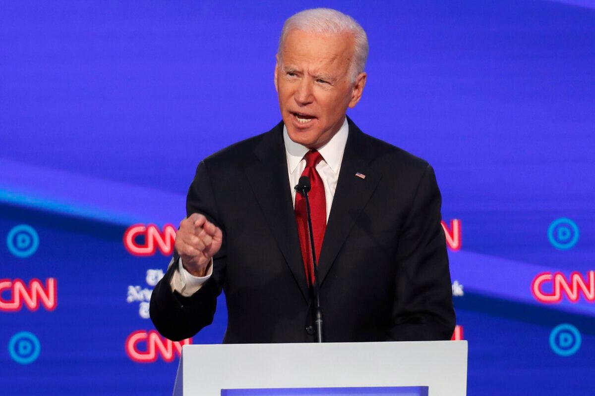 Democratic presidential candidate former Vice President Joe Biden speaks in a Democratic presidential primary debate hosted by CNN and The New York Times at Otterbein University in Westerville, Ohio on Oct. 15, 2019. (AP Photo/John Minchillo)