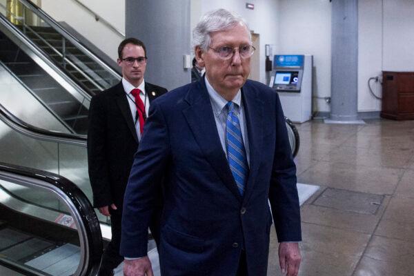 Senate Majority Leader Mitch McConnell (R-Ky.) walks through the Senate Basement on Capitol Hill in Washington on Oct. 15, 2019. (Zach Gibson/Getty Images)