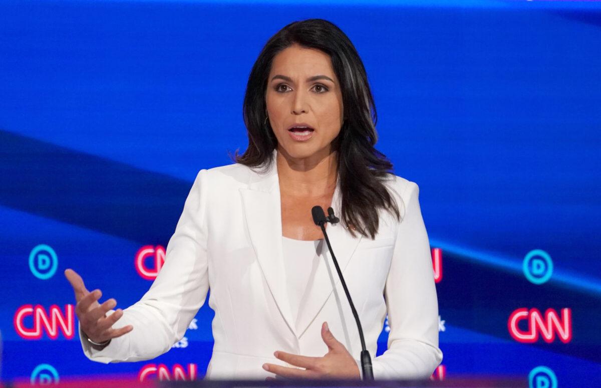 Democratic presidential candidate Rep. Tulsi Gabbard (D-Hawaii) speaks during the fourth Democratic 2020 debate in Westerville, Ohio on Oct. 15, 2019. (Shannon Stapleton/Reuters)