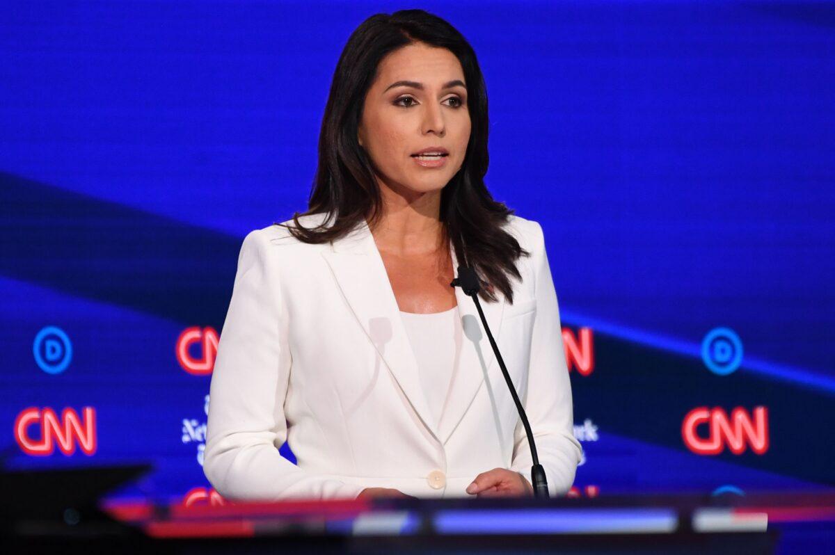 Democratic presidential hopeful Rep. Tulsi Gabbard (D-Hawaii) speaks during the fourth Democratic primary debate of the 2020 presidential campaign season at Otterbein University in Westerville, Ohio, on Oct. 15, 2019. (Saul Loeb/AFP via Getty Images)